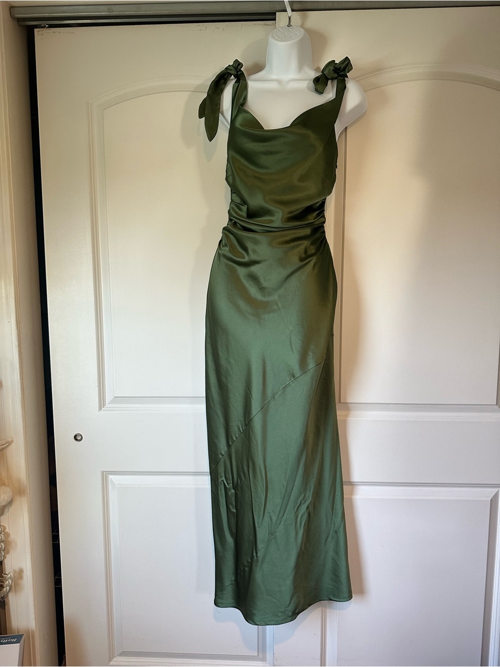 Petal & Pup Olive Green Satin Tie-Shoulder Maxi Dress - Picture 2 of 7
